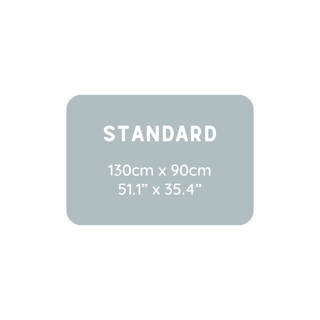 Standard size measurements displayed in cm and inches.